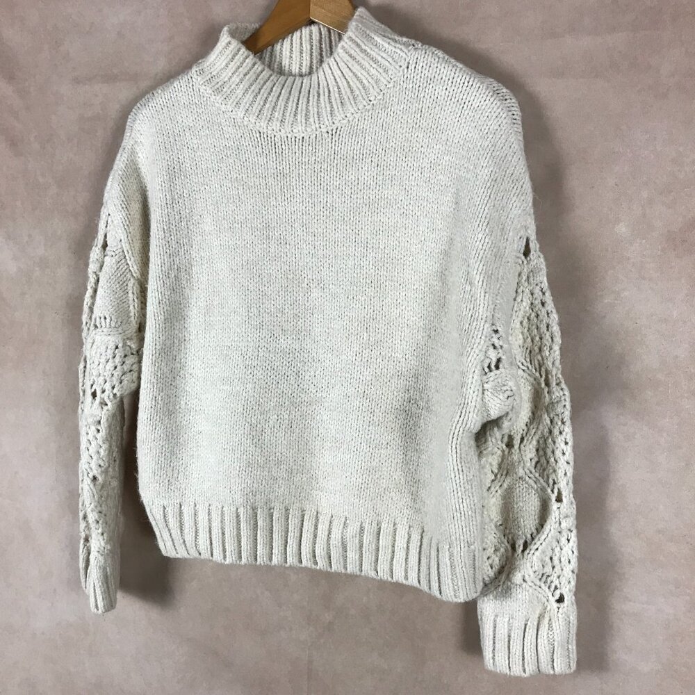SKIES ARE BLUE Beige Mock Sweater with Crochet Sleeves MEDIUM